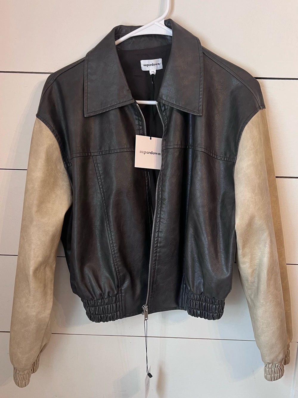 superdown Brown Faux Leather Jacket with Cream Sleeves